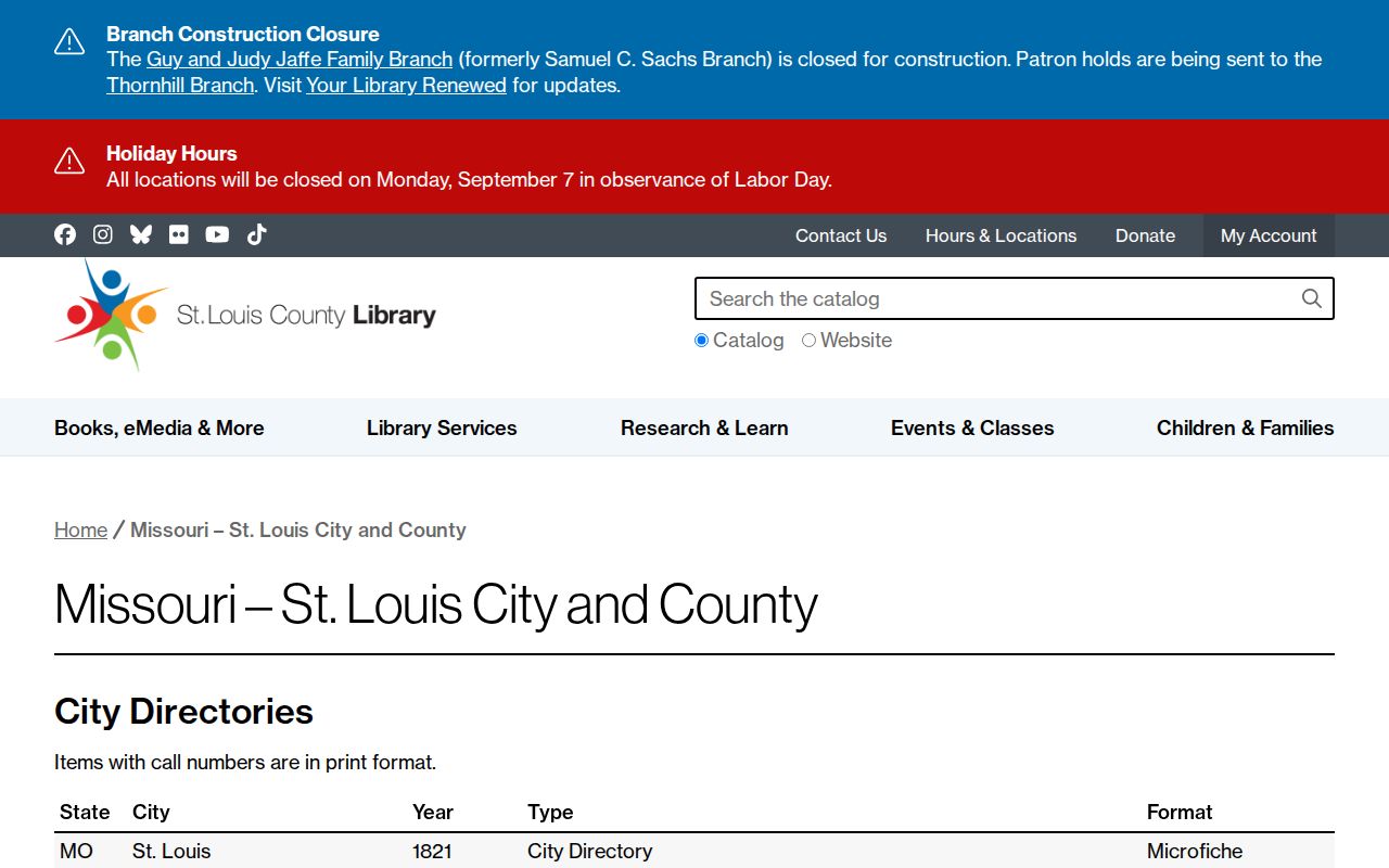 Florissant city directory holdings at St. Louis County Library