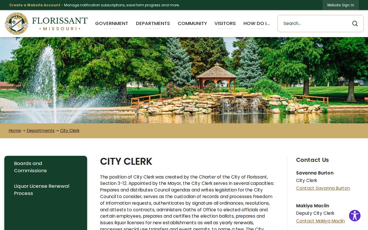 Florissant residents directory City Clerk records request