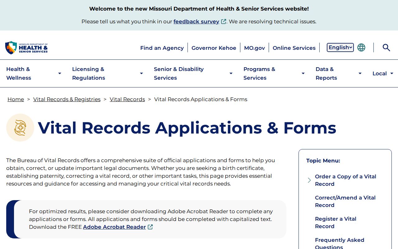 Florissant resident lookup Missouri vital record application guidance